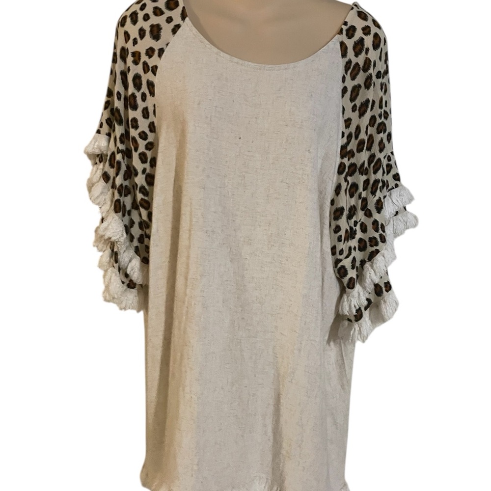 Umgee Cream Tunic with Leopard Print Tassel Sleeves